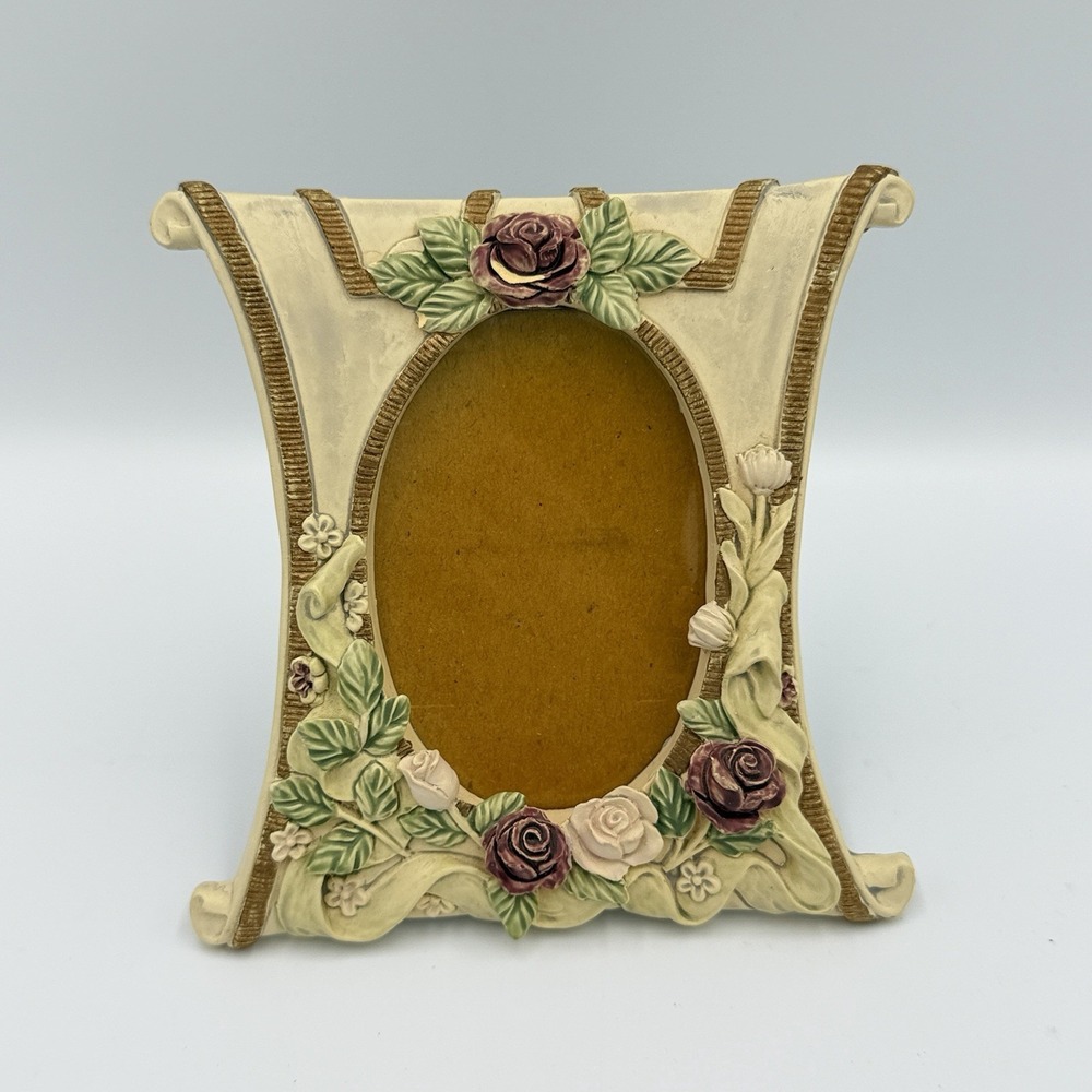 VTG Floral Rose Picture Frame 2.5x3.5 Ivory Victorian Shabby Chic Cottagecore